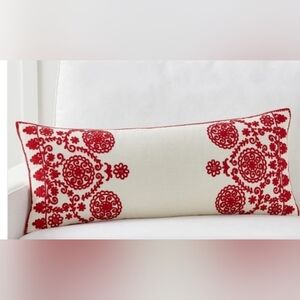 New Pottery Barn Elise Cewel Red & White Embroidered Nordic Lumbar Pillow Cover
